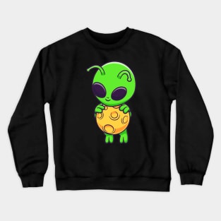 Cute Alien Flying With Moon Cartoon Crewneck Sweatshirt